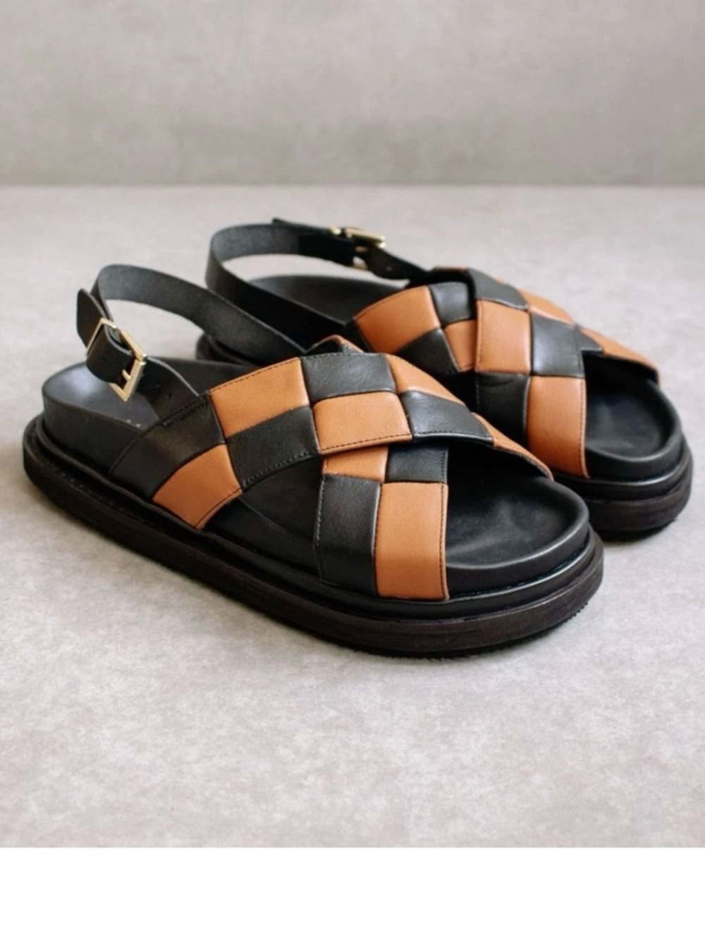 ALOHAS Marshmallow Two-Tone Black and Tan Woven Leather Slingback Sandals
